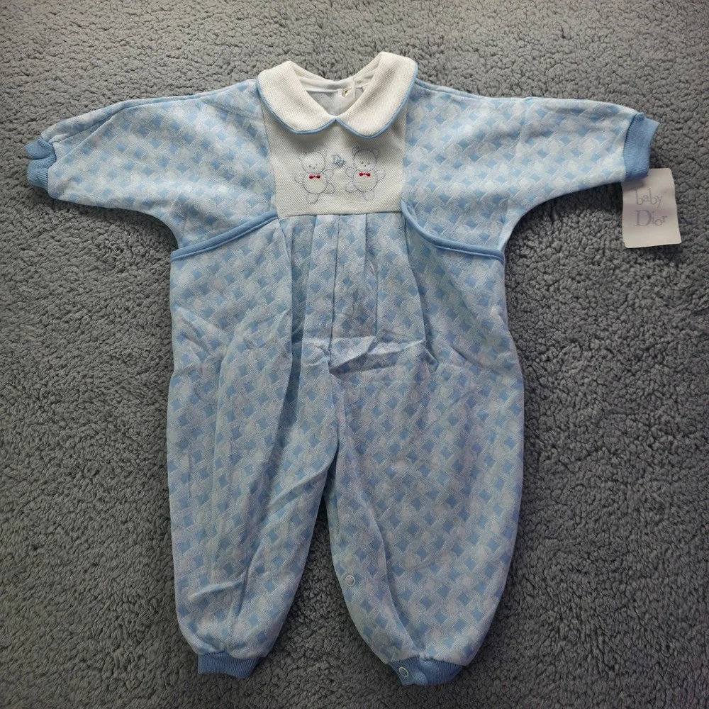 Baby Dior Vintage Blue Teddy Bear Romper One Piece 9M 331-611 NWT
